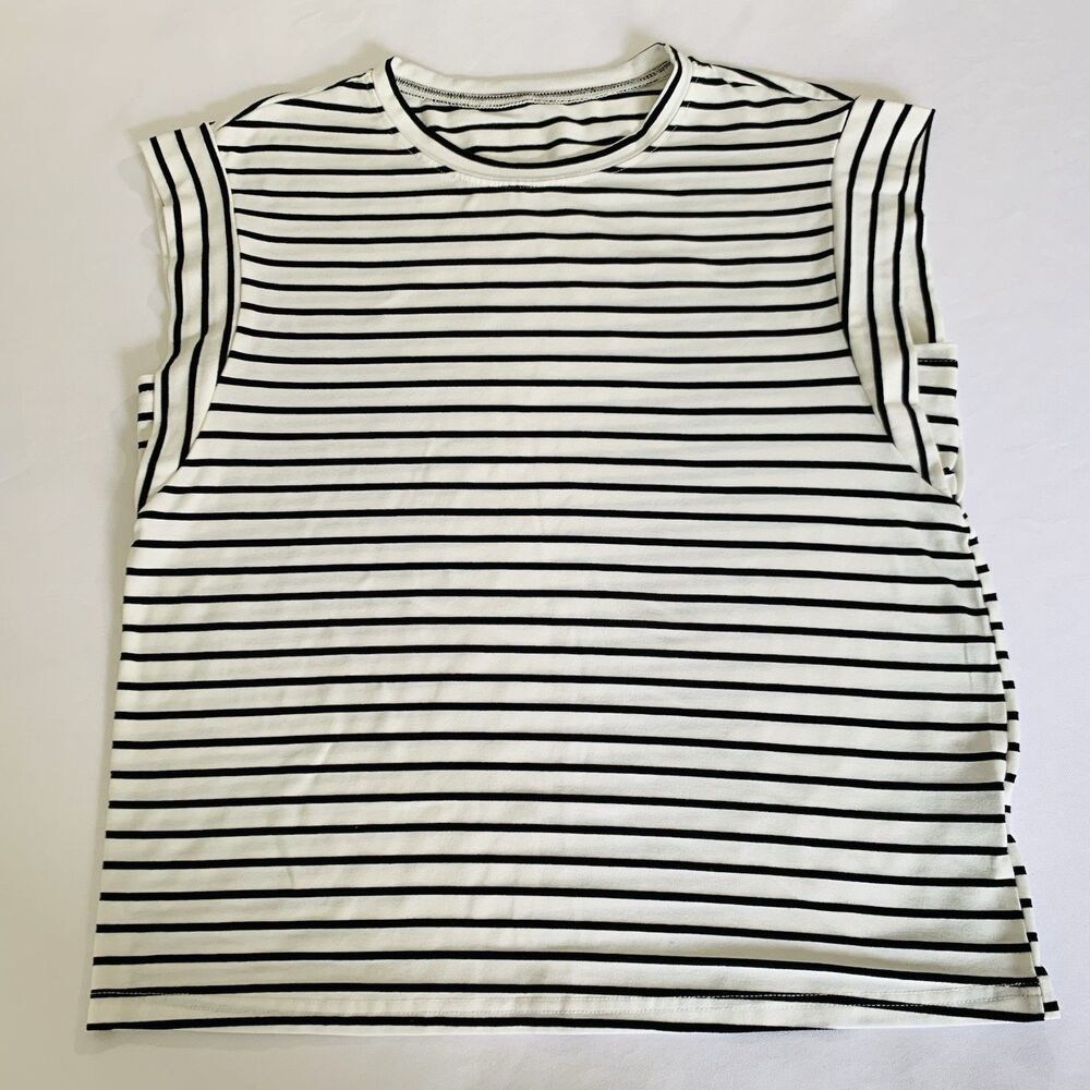 Shein Shirt Women S Black White Stripe Short Sleeve Boxy Classic Nautical Modern